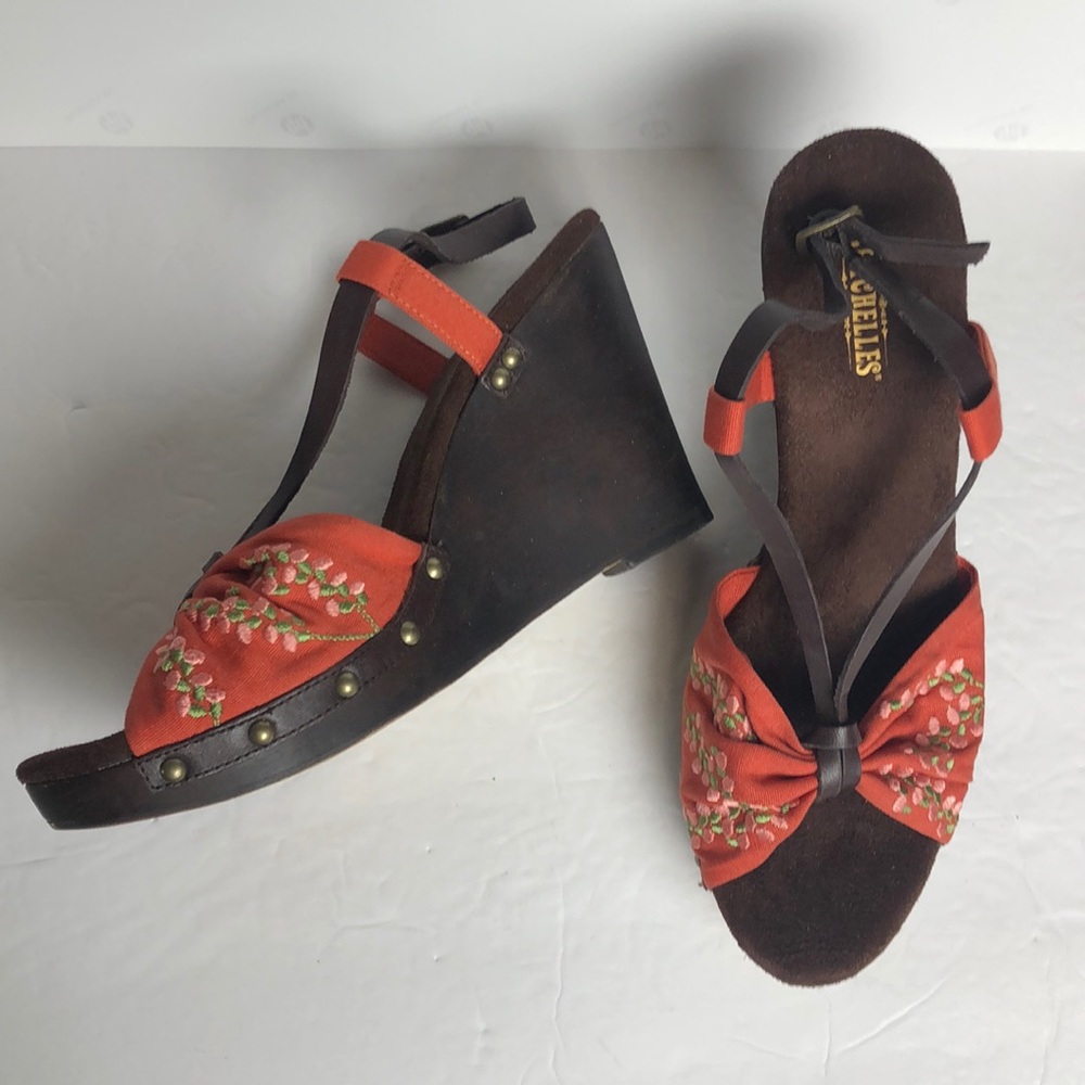 Seychelles Orange Embroidered Bow Wedge Espadrilles